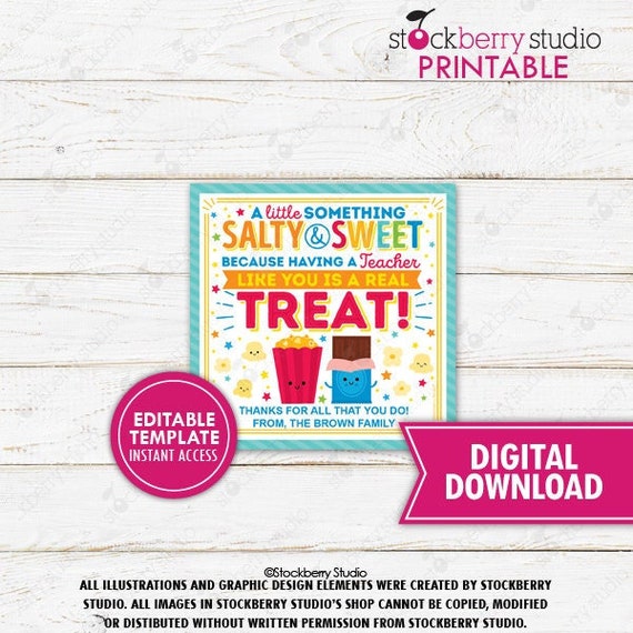 Popcorn Chocolate Gift Tag Salty Sweet Treat Thank You Staff Employee Teacher Appreciation School PTO Printable Editable Template Download Il_570xn