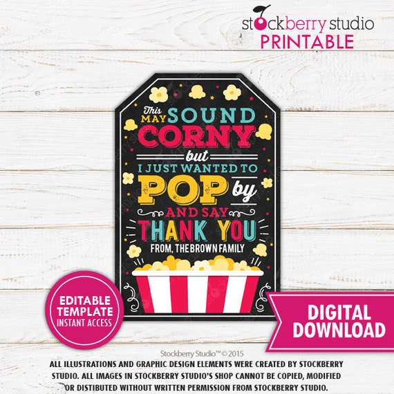 Popcorn Thank you Tag Printable Teacher Appreciation Staff Volunteer Gift Treat Tags Favor Thank You Label Instant Download Editable Il_570xn