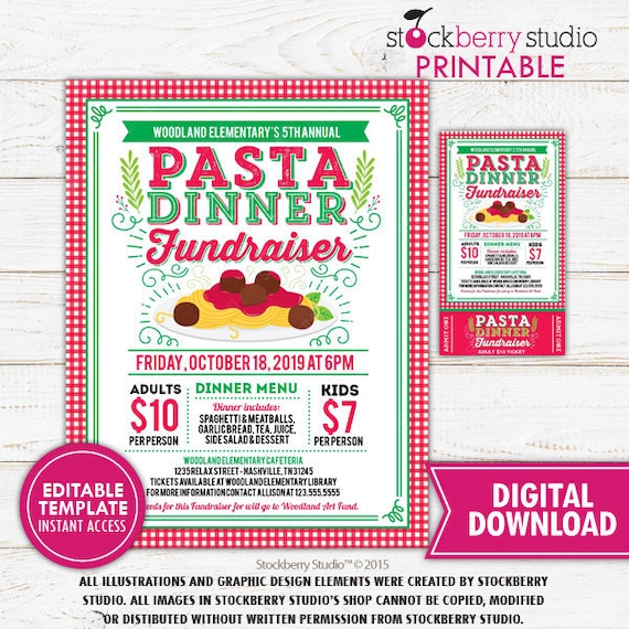 Pasta Dinner Flyer Printable Template Spaghetti Fundraiser Ticket Benefit Dinner PTA PTO School Event Church Fundraiser Instant Download Il_570xn