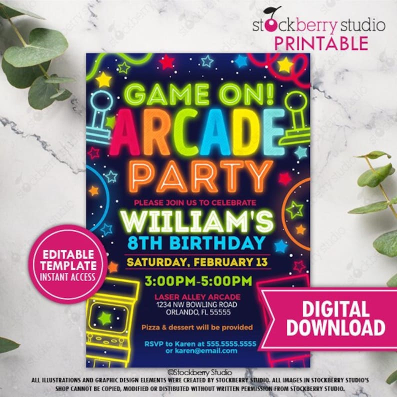 May include: Neon-coloured arcade party invitation with a blue background. The invitation says "Game On! Arcade Party" and features a neon-coloured arcade game. The invitation is for William's 8th birthday party on Saturday, 13th February from 3:00 PM to 5:00 PM at Laser Alley Arcade, 1234 NW Bowling Road, Orlando, FL 55555. Pizza and dessert will be provided. RSVP to Karen at 555.555.5555 or karen@email.com.