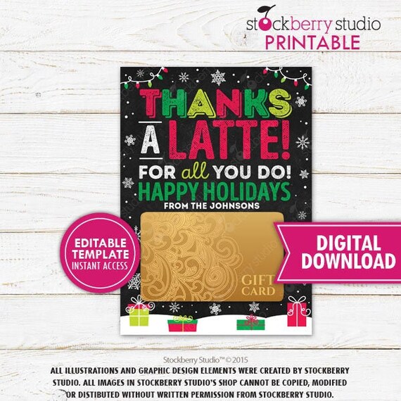 Thanks a Latte Christmas Printable Christmas Gift Card Holder Personalized Teacher Christmas Gift Holiday Teacher Thank You Gifts Editable Il_570xn