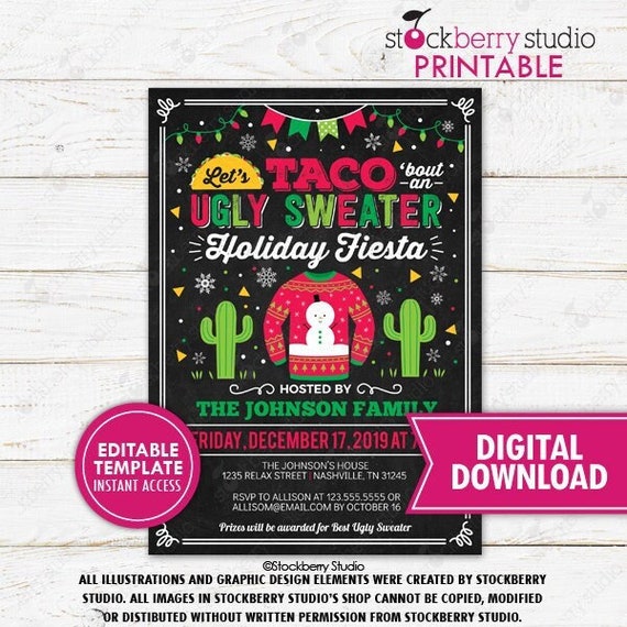 Ugly Sweater Fiesta Christmas Party Invitation Taco Bout a Holiday Party Invite Margarita and Mistletoe Feliz Navidad Editable Template Il_570xn