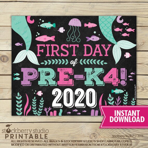 Mermaid First Day of Pre K4 Sign Instant Download - Girl First Day of Pre-K 4 Sign Printable - First Day of School - first day of Prek4 sign Il_570xn