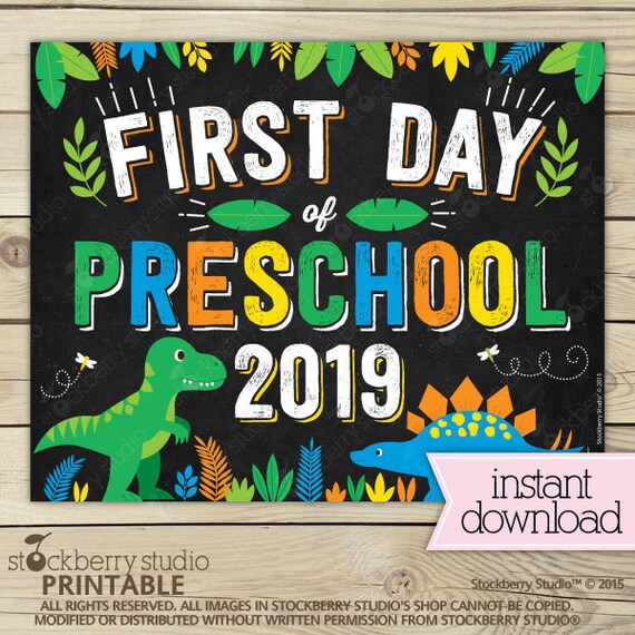 Dinosaur First Day of Preschool Sign Instant Download - Boy First Day of Preschool Sign Printable - Dinosaurs First Day of School Sign Il_570xn