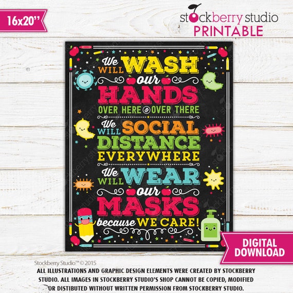 Hand Washing Face Mask Social Distance Classroom School Sign Classroom Poster Teacher Classroom Wall Decor School Health Poster Printable Il_570xn
