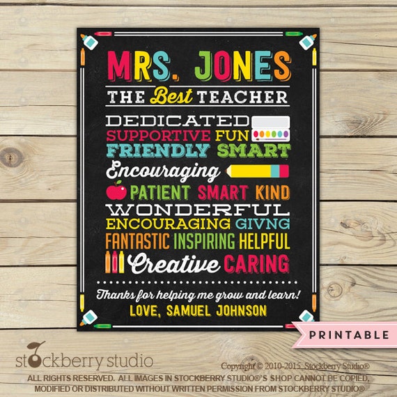 Teacher Appreciation Gift Printable - Teacher Chalkboard Sign - Best Teacher - Personalized Teacher Gift - End of the Year Teacher Gifts Il_570xn