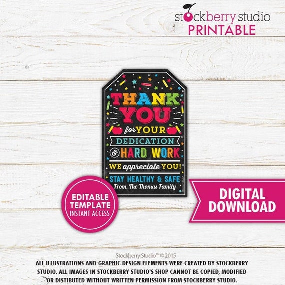 Teacher Thank You Tag Teacher End of the School Year Gift Tag Teacher Appreciation Printable Editable Il_570xn