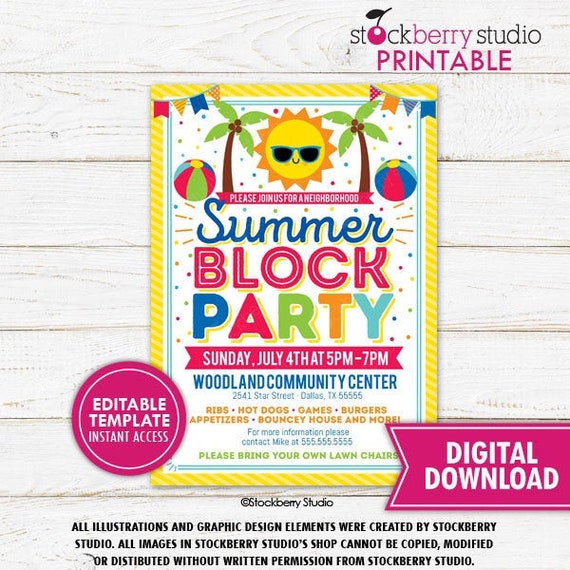 Summer Block Party Invitation Neighborhood BBQ Picnic Summer Announcement Cookout Barbeque Invite Printable Template Editable Digital Il_570xn