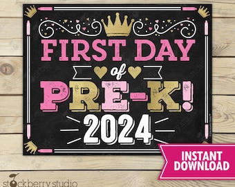 Princess First Day of Pre-K Sign - 1st Day of School Printable - Girl First Day of School Sign - First Day of Pre K Sign - Instant Download