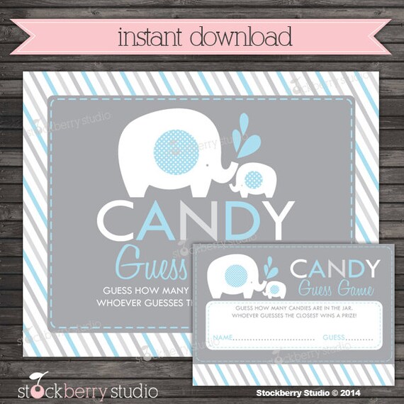 Boy Elephant Baby Shower Candy Guessing Game Printable - Instant Download - Blue and Gray Baby Shower Games - Boy Baby Shower Activities Il_570xn