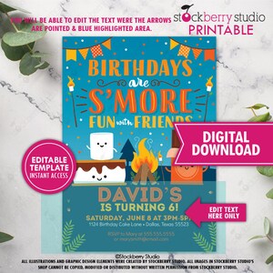 S'mores Birthday Invitation Printable S'more Bonfire Birthday Invite Printed Backyard Camping Smore Fun Campfire Party Download Editable image 2