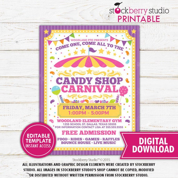 Candy Carnival Flyer Printable Circus Flyer Template Church Fundraiser Poster Benefit Flyer PTA PTO Party Fundraiser Flyer Instant Download Il_570xn