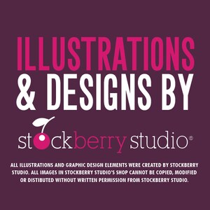 May include: A graphic design featuring the text "ILLUSTRATIONS & DESIGNS BY stockberry studio" in white and pink lettering on a dark purple background. The text below states that all illustrations and graphic design elements were created by Stockberry Studio.