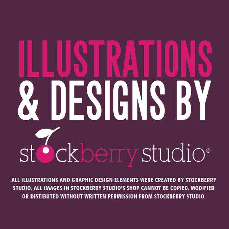 May include: A graphic design featuring the text "ILLUSTRATIONS & DESIGNS BY stockberry studio" in white and pink lettering on a dark purple background. The text below states that all illustrations and graphic design elements were created by Stockberry Studio.