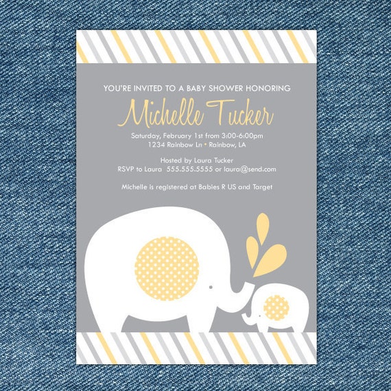 Yellow Elephant Baby Shower Invitation Printable - Neutral Baby Shower Invitation - Yellow and Grey Elephant Baby Shower Invitation Il_570xn