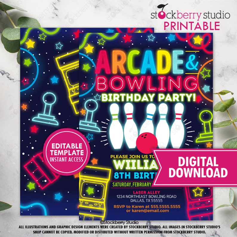 Arcade Bowling Birthday Party Invitation Printable Boy Neon Glow Bowl Games Invite Boys Digital Instant Download Editable Template image 2