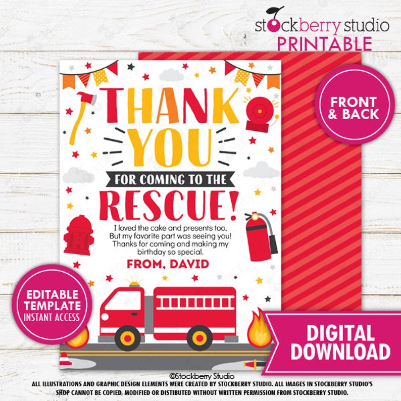 Firetruck Birthday Party Thank You Card Printable Fire truck Thank You Note Card Printed Firefighter Fireman Theme Digital Editable Template image 3