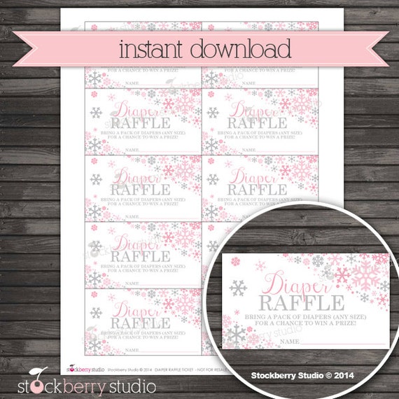 Winter Baby Shower Diaper Raffle Tickets Printable - Instant Download - Girl Winter Wonderland Baby Shower Diaper Ticket Card - Pink Gray Il_570xn
