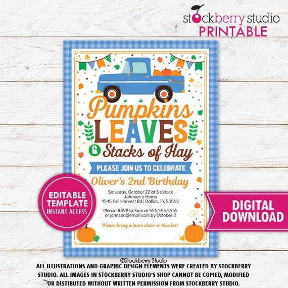 Fall Pumpkins Leaves Stacks of Hay Boy Birthday Invitation Printable Autumn Farm Pumpkin Patch Orange Blue Truck Invite Editable Template Il_570xn