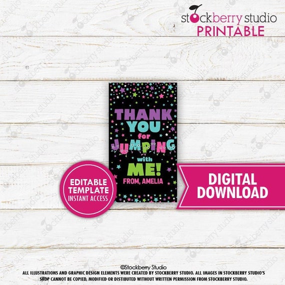 Jump Favor Tag Printable Trampoline Bounce House Party Girl Jump Birthday Let's Jump Thank You For Jumping Instant Editable Template Il_570xn