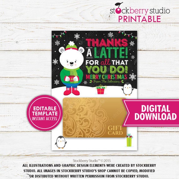 Thanks a Latte Christmas Coffee Gift Card Holder Printable Editable Template Holiday Teacher Appreciation Nurse Gift Principal Staff Il_570xn