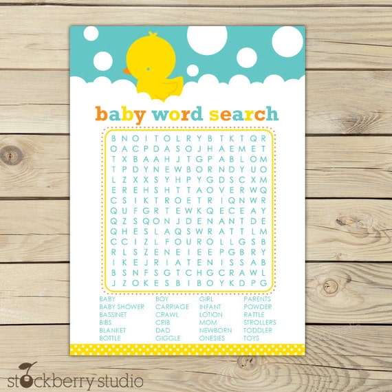 Rubber Ducky Baby Shower Word Search Game - Neutral Baby Shower Games Printable - Instant Download - Aqua Blue Yellow Baby Shower Games Il_570xn
