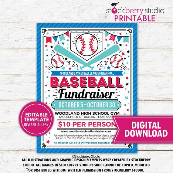 Baseball Fundraiser Flyer Printable Baseball Banquet Tournament School PTO PTA Benefit Event Invite Editable Template Digital Download Il_570xn