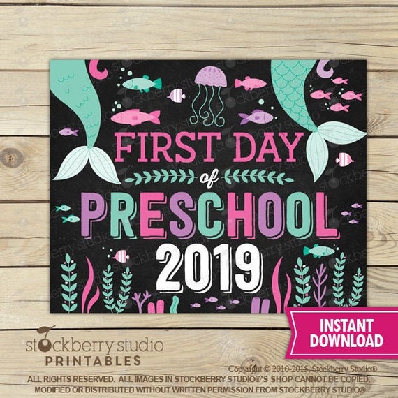 Mermaid First Day of Preschool Sign Instant Download - Girl First Day of Preschool Sign Printable - Pink First Day of School Sign Il_570xn