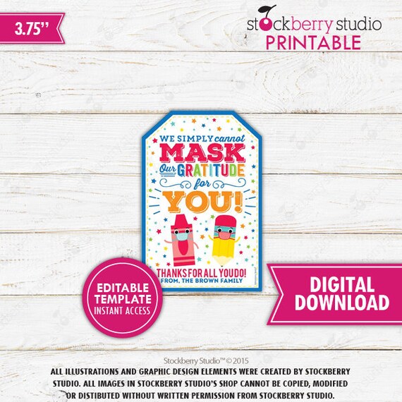 First Day of School Virtual Teacher Gift Tag Face Mask Gift Tag Back to School Teacher Appreciation Tag Printable School PTO PTA Editable Il_570xn