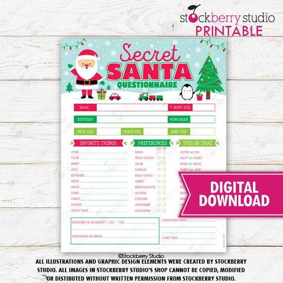 Secret Santa Exchange Questionnaire Printable Holiday Christmas Gift Exchange Form Work Office Wish List Party Games Instant Download Il_570xn