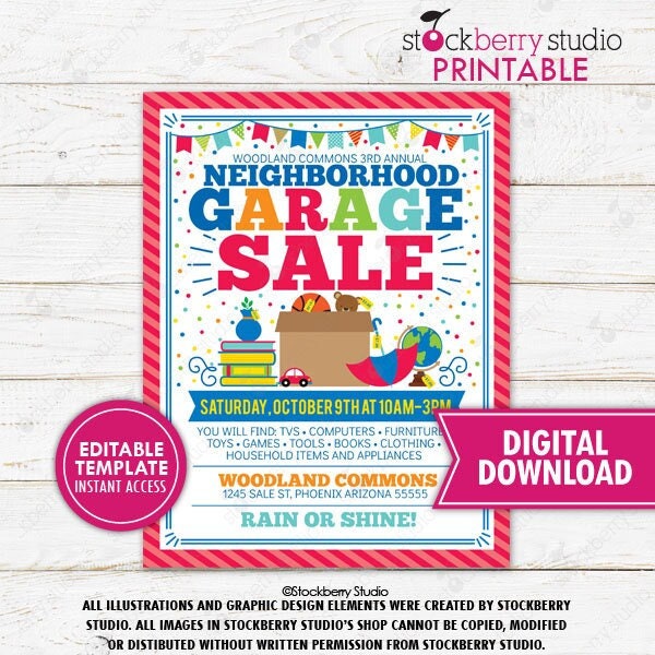 garage-sale-flyer-printable-yard-sale-neighborhood-rummage-fundraiser-pto-pta-school-community-church-nonprofit-event-editable-template-etsy