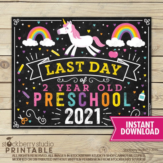 Unicorn Last Day of 2 Year old Preschool Sign - Girl Last Day of Preschool Sign - Last Day of School Sign Printable - Instant Download Il_570xn