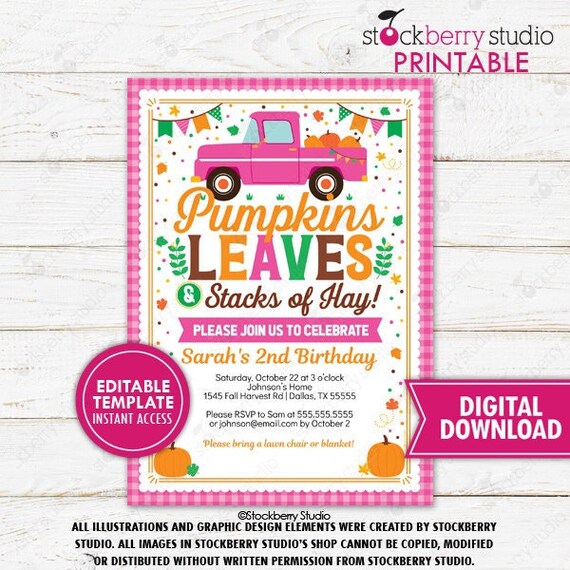 Fall Pumpkins Leaves Stacks of Hay Girl Birthday Invitation Printable Autumn Farm Pumpkin Patch Orange Pink Truck Invite Editable Template Il_570xn