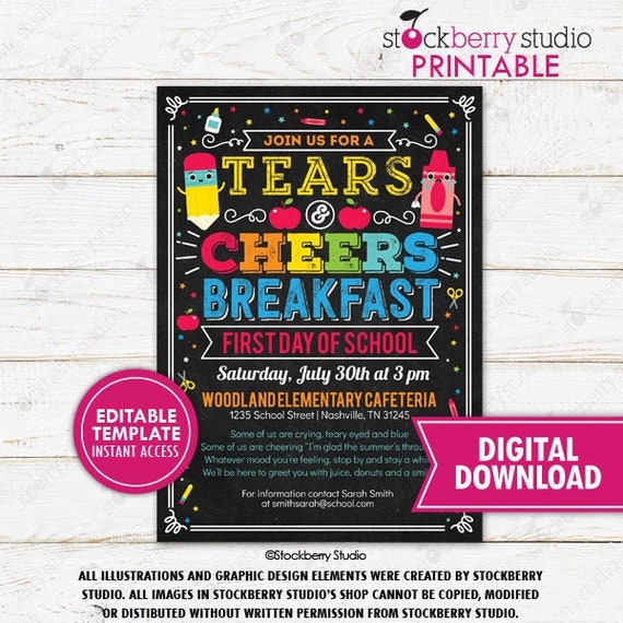 Back to School Tears and Cheers Breakfast Flyer PTO PTA School Fundraiser Back to School Invitation Template Printable Download Editable Il_570xn