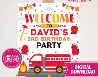 Firetruck Birthday Party Welcome Sign Printable Firefighter Fire Truck Welcome Signs Fireman Birthday Decor Digital Editable Template