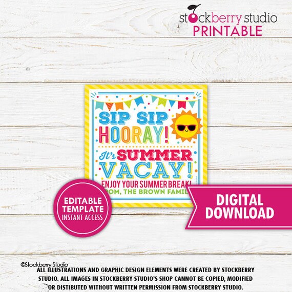 Sip Sip Hooray Summer Vacay Cup Straw Tag End of School Year Teacher Gift Tags Thank You Teacher Appreciation Printable Editable Download Il_570xn