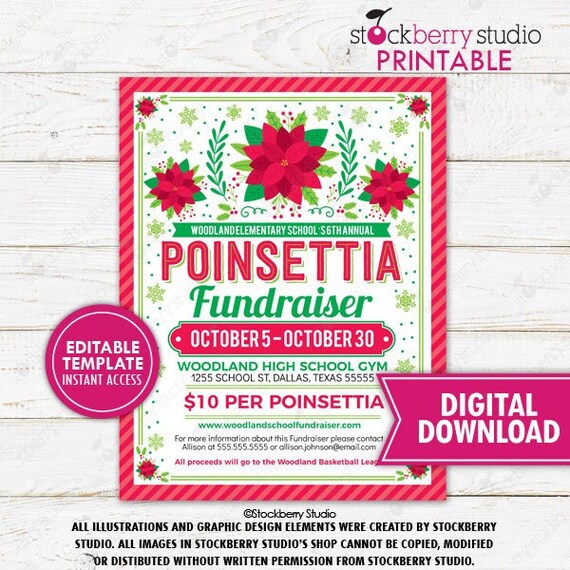 Poinsettia Fundraiser Flyer Printable Christmas School PTO PTA Charity Benefit Church Invitation Flower Sale Holiday Plant Editable Template Il_570xn