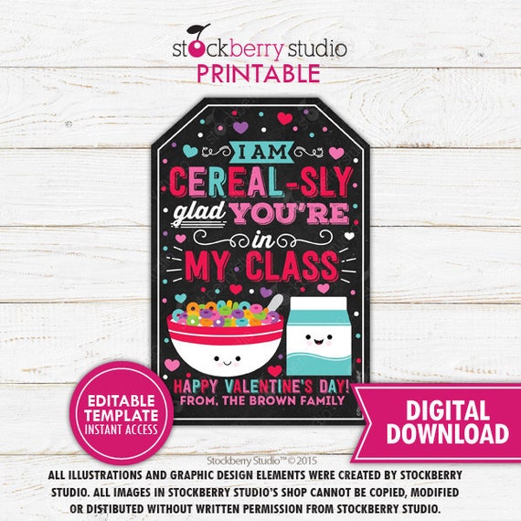 Valentine's Day Cereal Tag Printable I Am Cereal-sly Glad You're in My Class Tag Valentine Teacher Student Classroom Gift Tag Cereal Gift Il_570xn