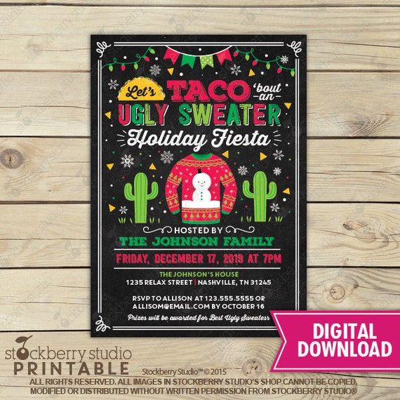 Ugly Sweater Fiesta Christmas Party Invitation - Taco Bout a Holiday Party Invitation - Margarita and Mistletoe Invitation - Feliz Navidad Il_570xn