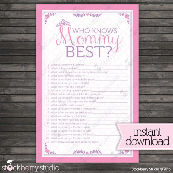Princess Who Knows Mommy Best - Girl Baby Shower Game Printable - Instant Download - Pink & Purple Baby Shower Il_570xn