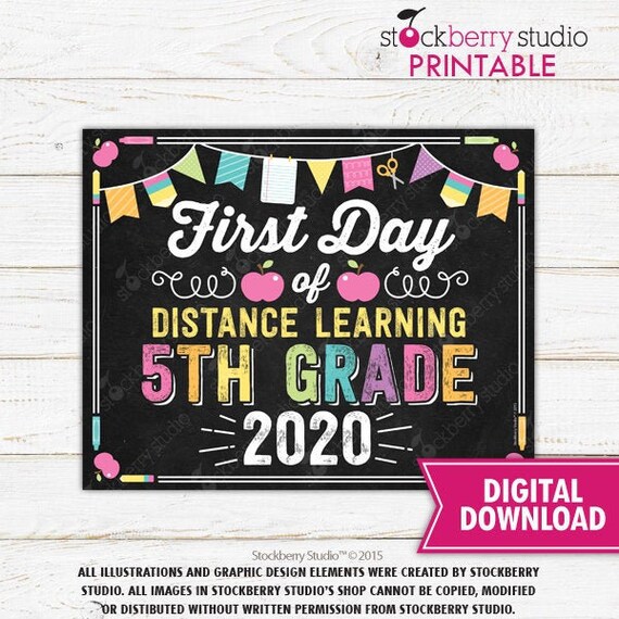 Girl First Day of 5th Grade Distance Learning Sign Printable First Day of Distance Learning Sign First Day of School Sign Instant Download Il_570xn