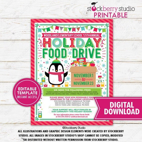 Holiday Food Drive Flyer Printable Christmas Donation Fundraiser PTO PTA School Community Church Nonprofit Charity Event Editable Template Il_570xn