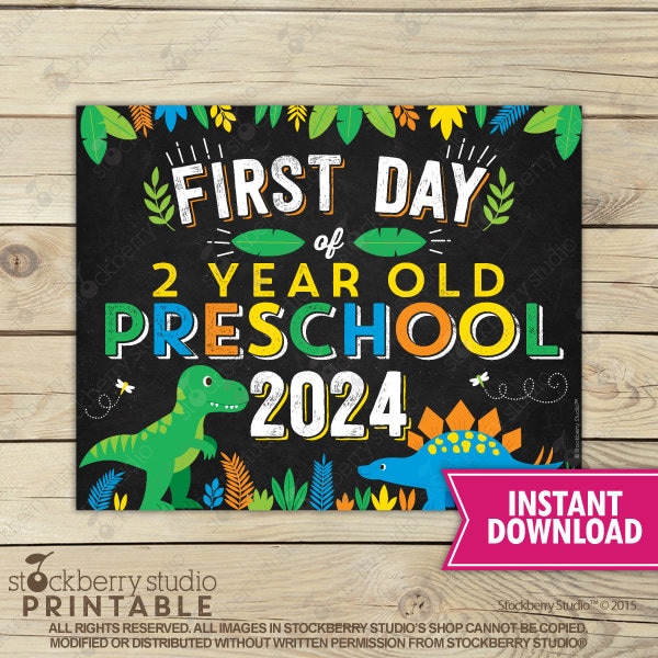 Dinosaur First Day of 2 Year Old Preschool Sign Instant Download Boy First Day of Preschool Sign Printable Boy First Day of School Sign