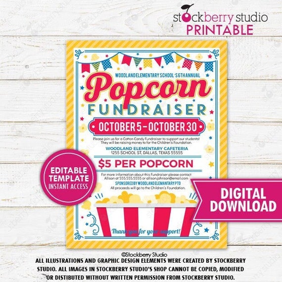 Popcorn Fundraiser Flyer Printable School PTO PTA Community Church