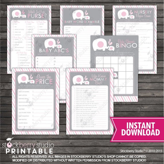 Girl Elephant Baby Shower Games Package Pink and Gray - Pink Baby Shower Games Printable - Instant Download - Girl Baby Shower Games Il_570xn