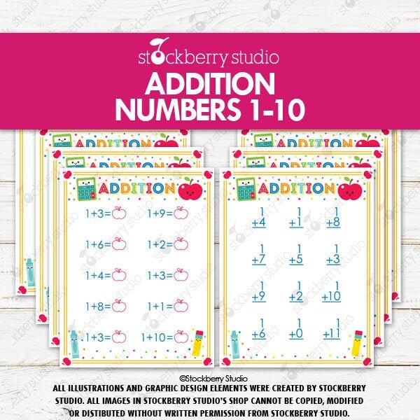 addition worksheets printable 1st grade kindergarten math etsy
