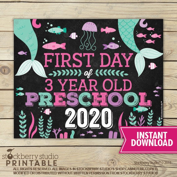 Mermaid First Day of 3 Year Old Preschool Sign Instant Download - Girl First Day of Preschool Sign Printable - First Day of School Sign Il_570xn