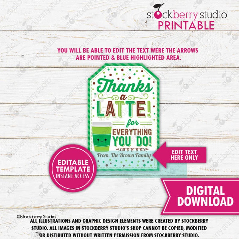 Thanks a Latte Gift Tag Printable Teacher Appreciation Coffee Thank You ...