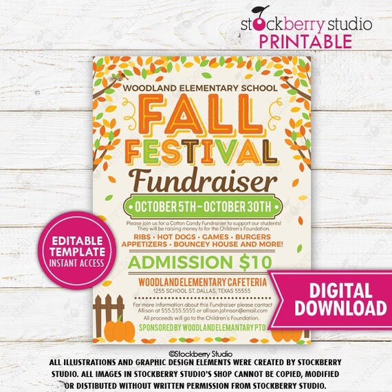 Fall Festival Fundraiser Flyer Printable Editable Harvest Halloween Party Invitation School PTO PTA Church Community Event Template Il_570xn