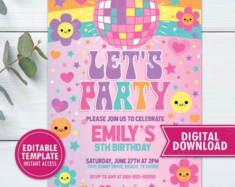 Disco Birthday Invitation Girl Groovy Hippie Retro 70s Tween Teen Kids Dance Party Editable Let's Party Invite Instant Download